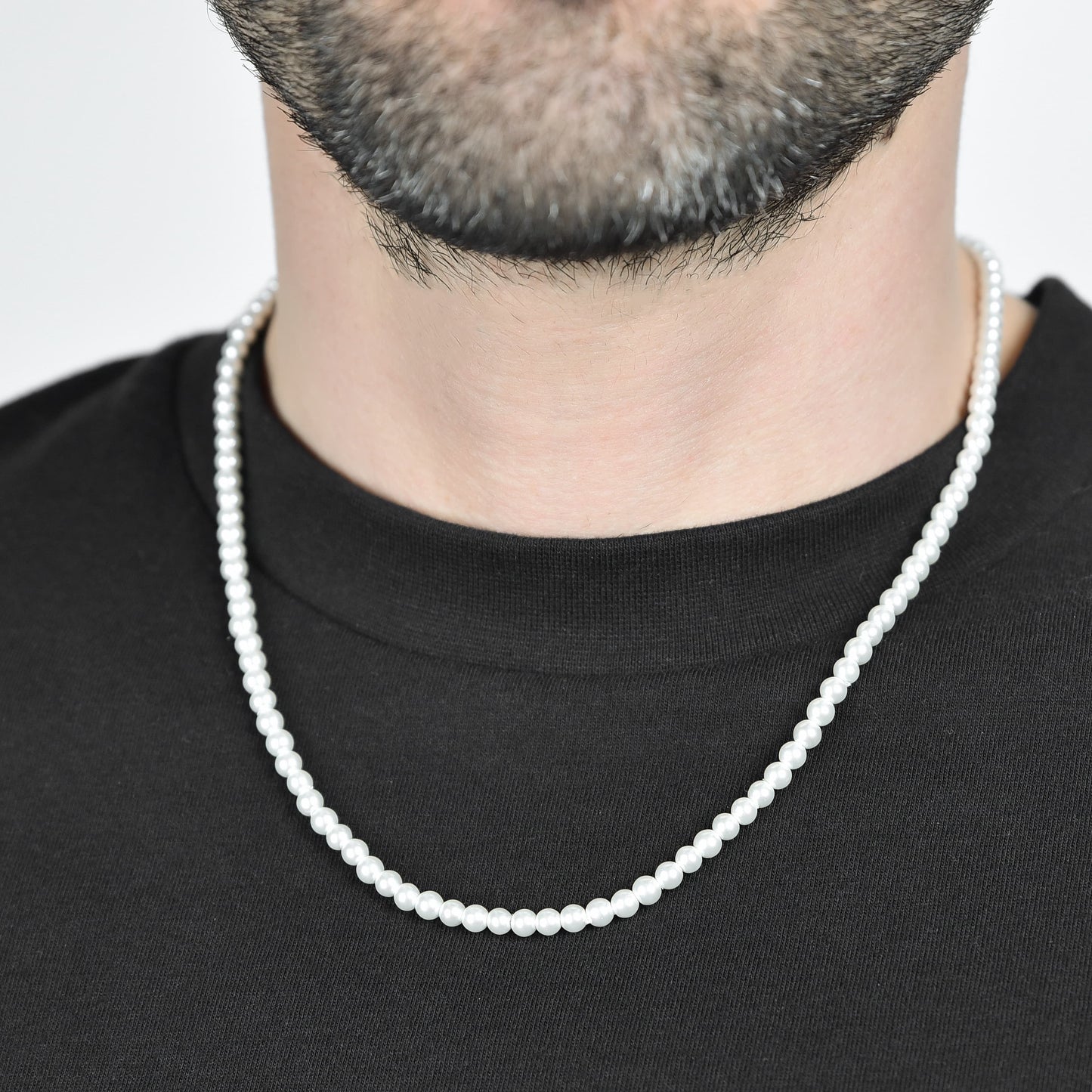 STEEL MEN'S NECKLACE WITH WHITE PEARLS