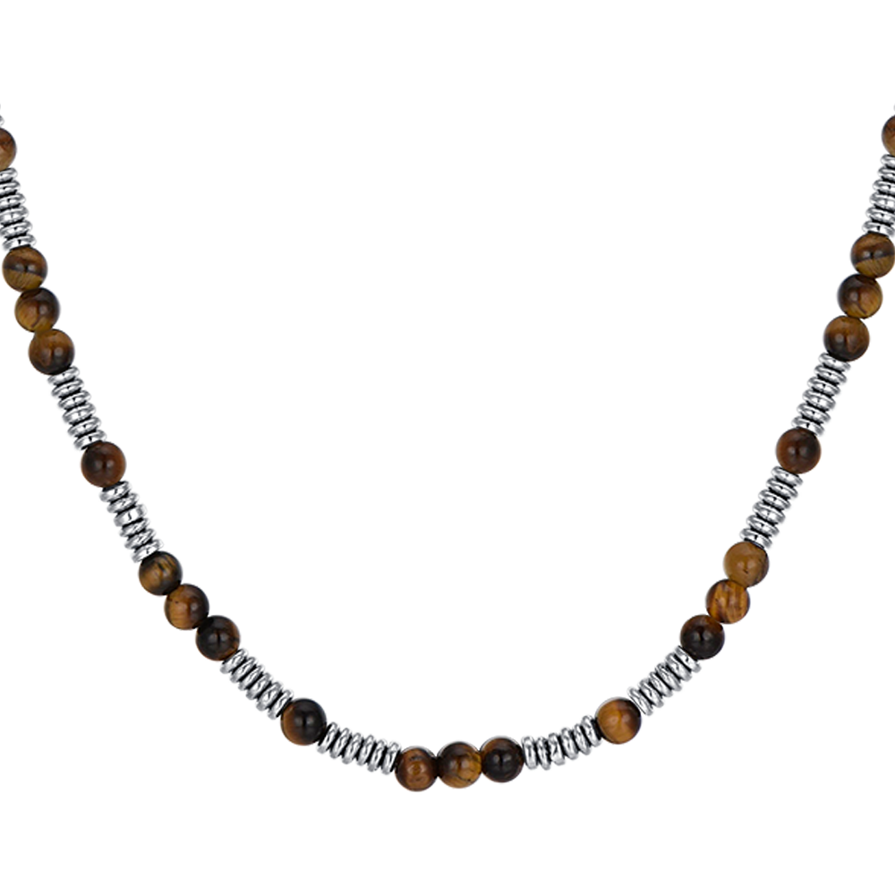 STEEL MEN'S NECKLACE WITH TIGER EYE STONES AND STEEL ELEMENTS