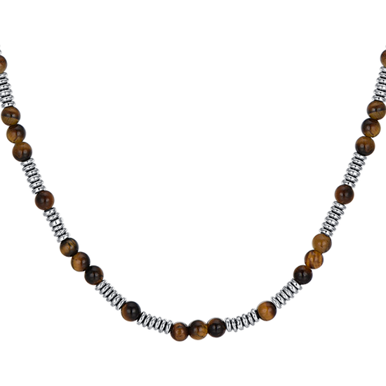 STEEL MEN'S NECKLACE WITH TIGER EYE STONES AND STEEL ELEMENTS
