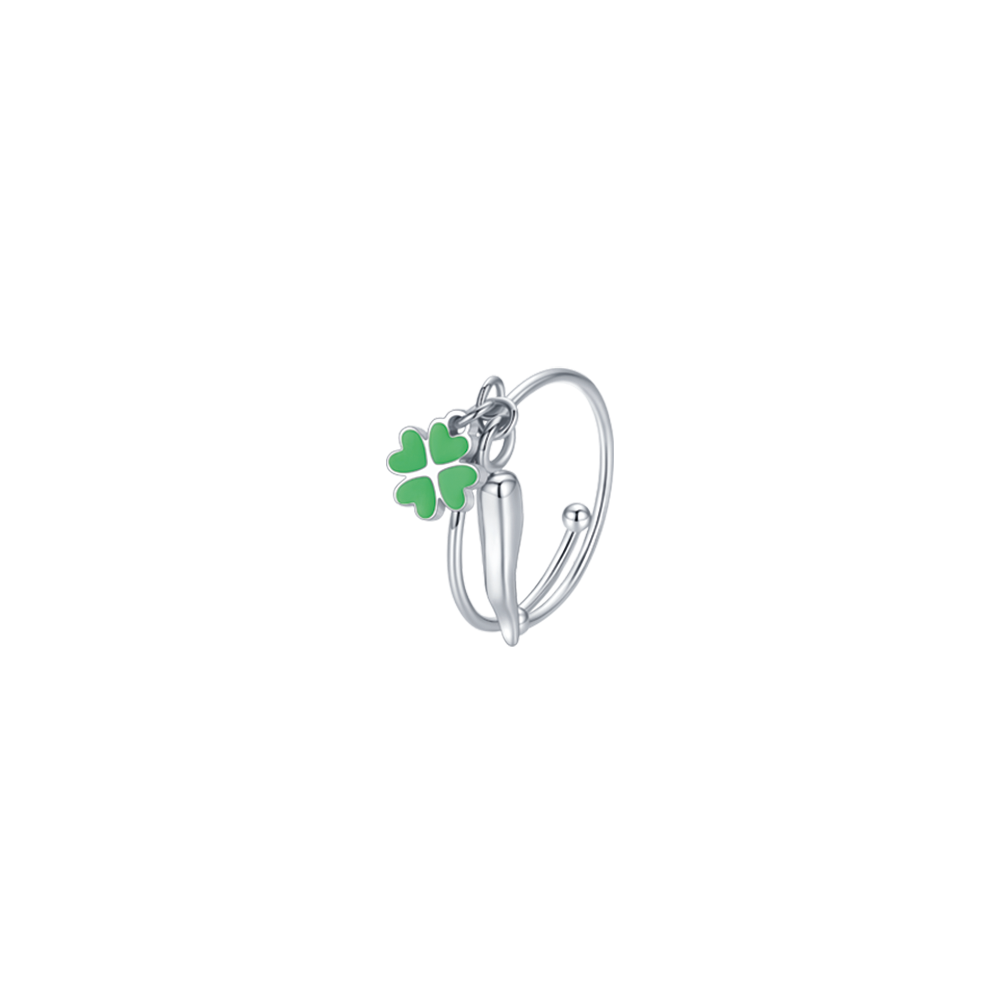 STEEL GIRL RING WITH HORN AND GREEN CLOVERLEAF