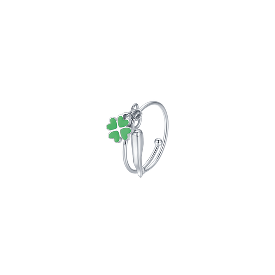 STEEL GIRL RING WITH HORN AND GREEN CLOVERLEAF
