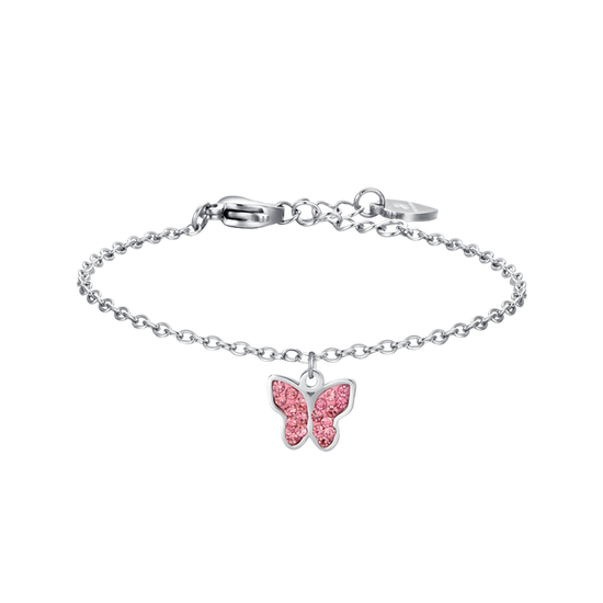 BRACCIALE BAMBINA IN ACCIAIO CON FARFALLA E CRISTALLI ROSA Luca Barra