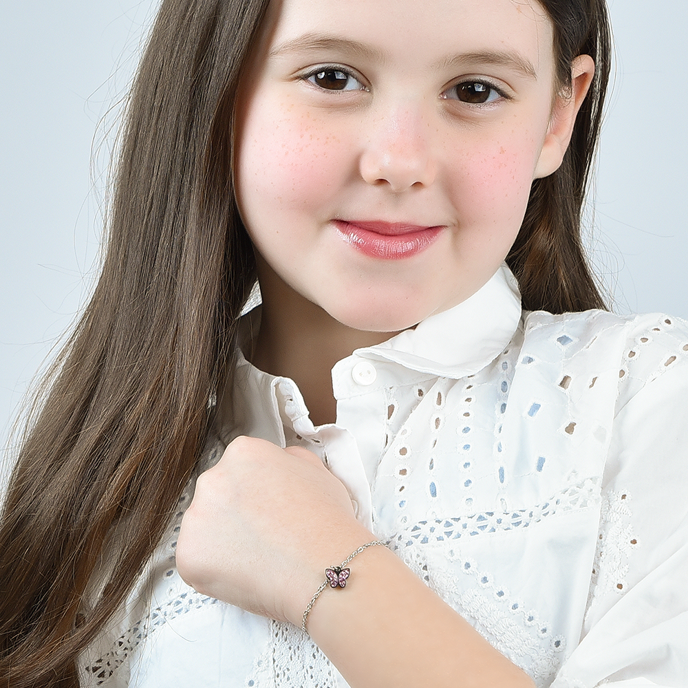 STEEL GIRL BRACELET WITH BUTTERFLY AND PINK CRYSTALS