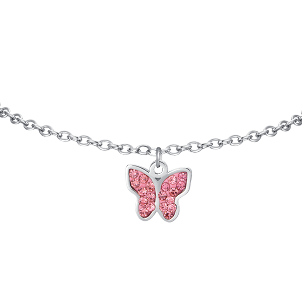 STEEL GIRL BRACELET WITH BUTTERFLY AND PINK CRYSTALS