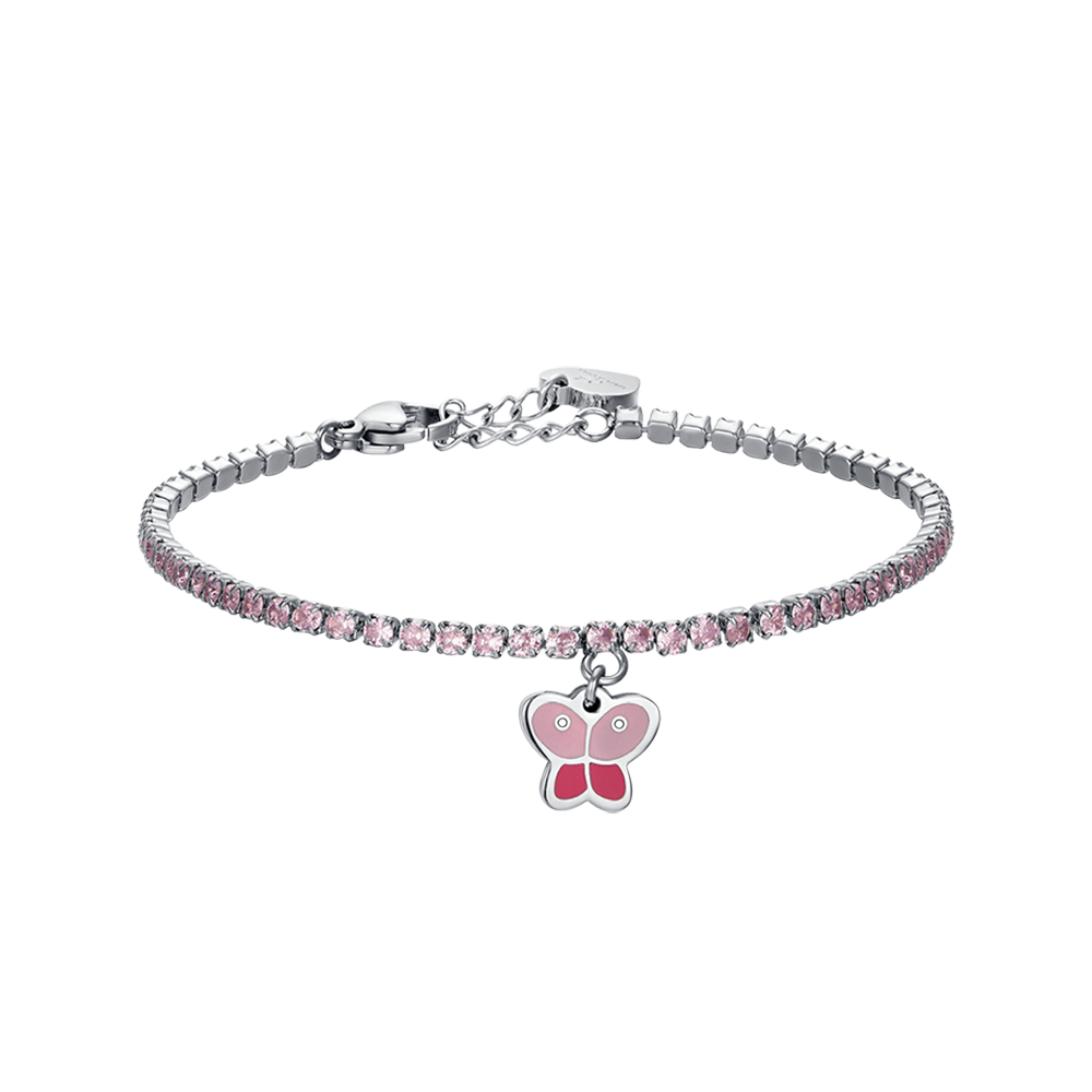 BRACCIALE TENNIS BAMBINA IN ACCIAIO CON CRISTALLI ROSA E FARFALLA Luca Barra