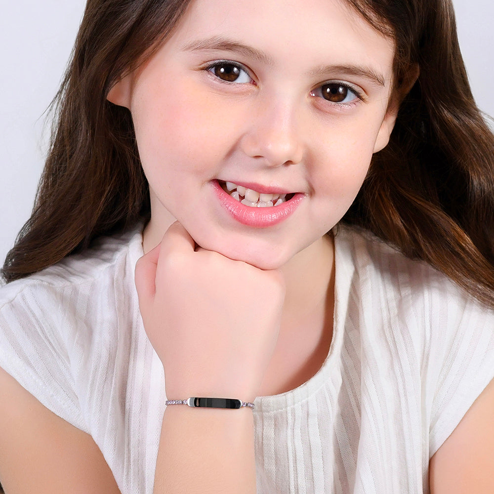 GIRL STEEL TENNIS BRACELET WITH PINK CRYSTALS AND PLATE