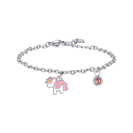 BRACCIALE BAMBINA IN ACCIAIO CON UNICORNO CON SMALTO ROSA E BIANCO E CRISTALLO Luca Barra