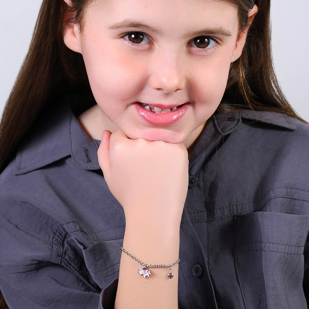 STEEL UNICORN GIRL BRACELET WITH PINK AND WHITE ENAMEL AND CRYSTAL