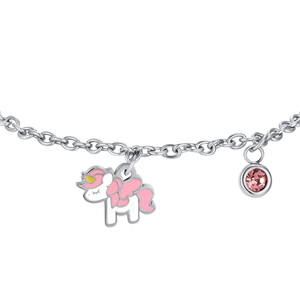 STEEL UNICORN GIRL BRACELET WITH PINK AND WHITE ENAMEL AND CRYSTAL