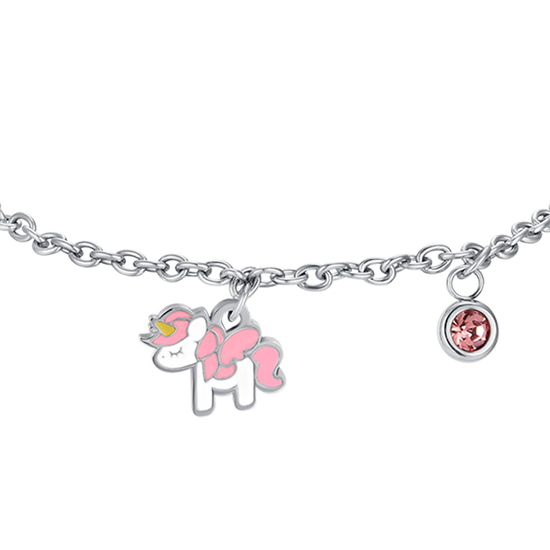 STEEL UNICORN GIRL BRACELET WITH PINK AND WHITE ENAMEL AND CRYSTAL