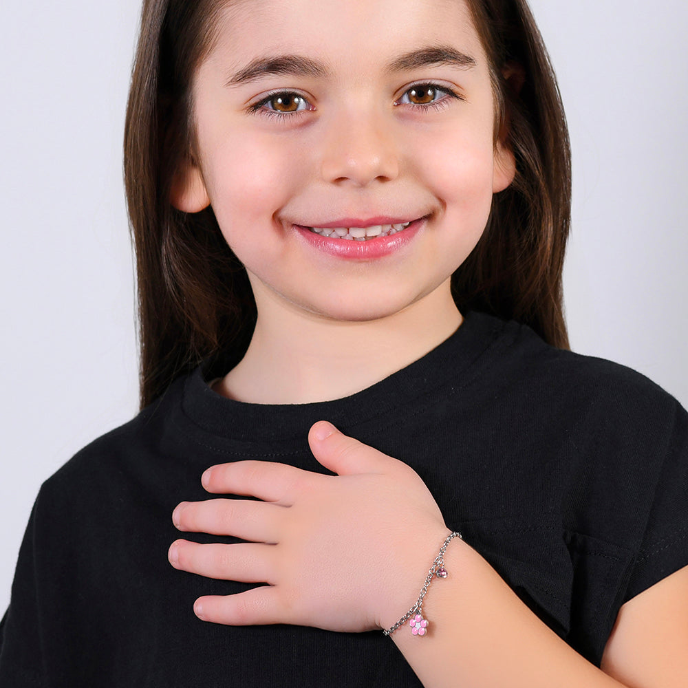 STEEL FLOWER GIRL BRACELET WITH PINK AND WHITE ENAMEL AND CRYSTAL