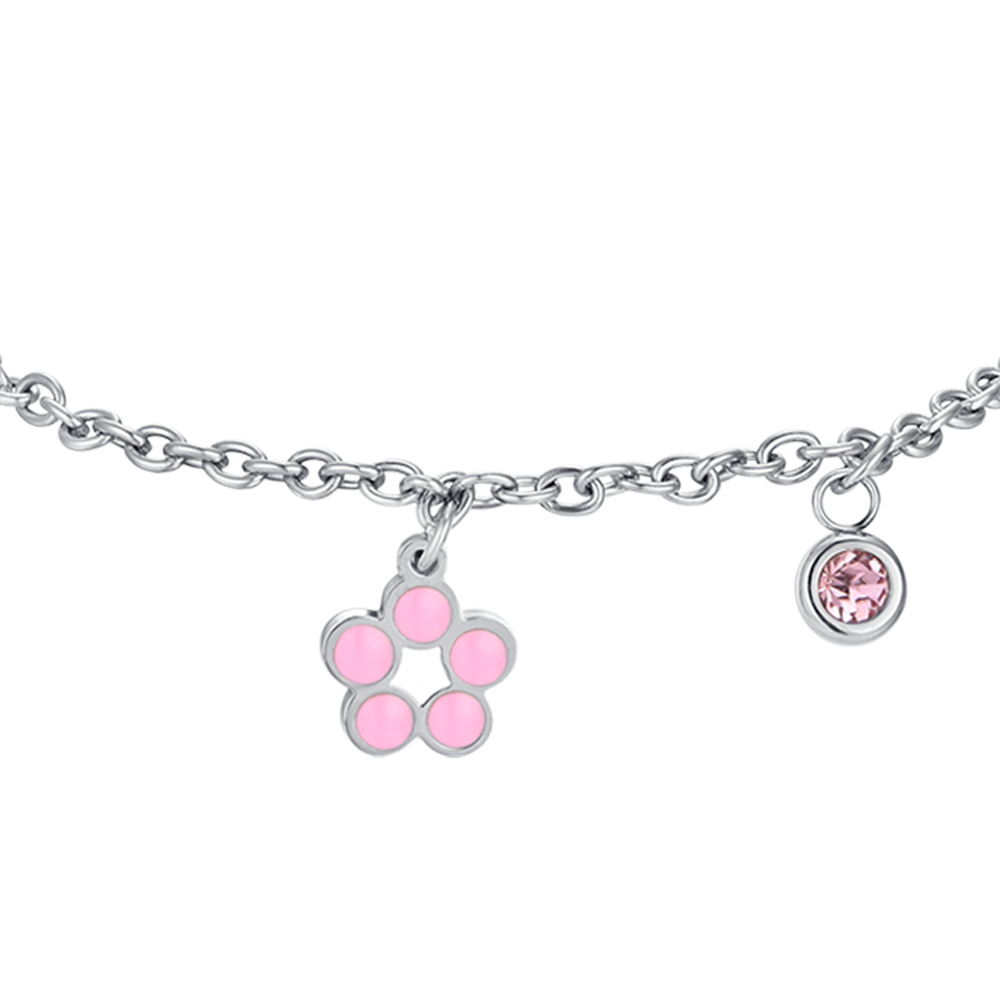 STEEL FLOWER GIRL BRACELET WITH PINK AND WHITE ENAMEL AND CRYSTAL