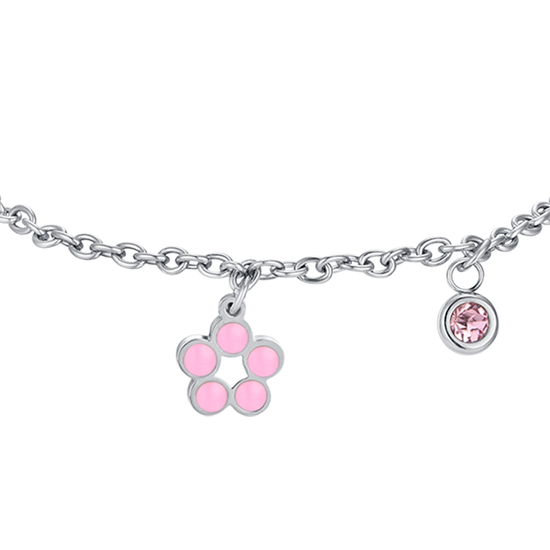 STEEL FLOWER GIRL BRACELET WITH PINK AND WHITE ENAMEL AND CRYSTAL