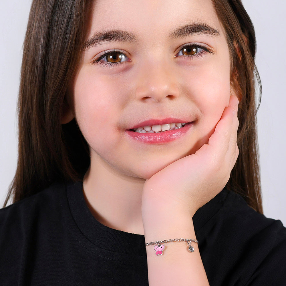 STEEL GIRL BRACELET WITH BUTTERFLY WITH PINK ENAMEL AND WHITE CRYSTAL
