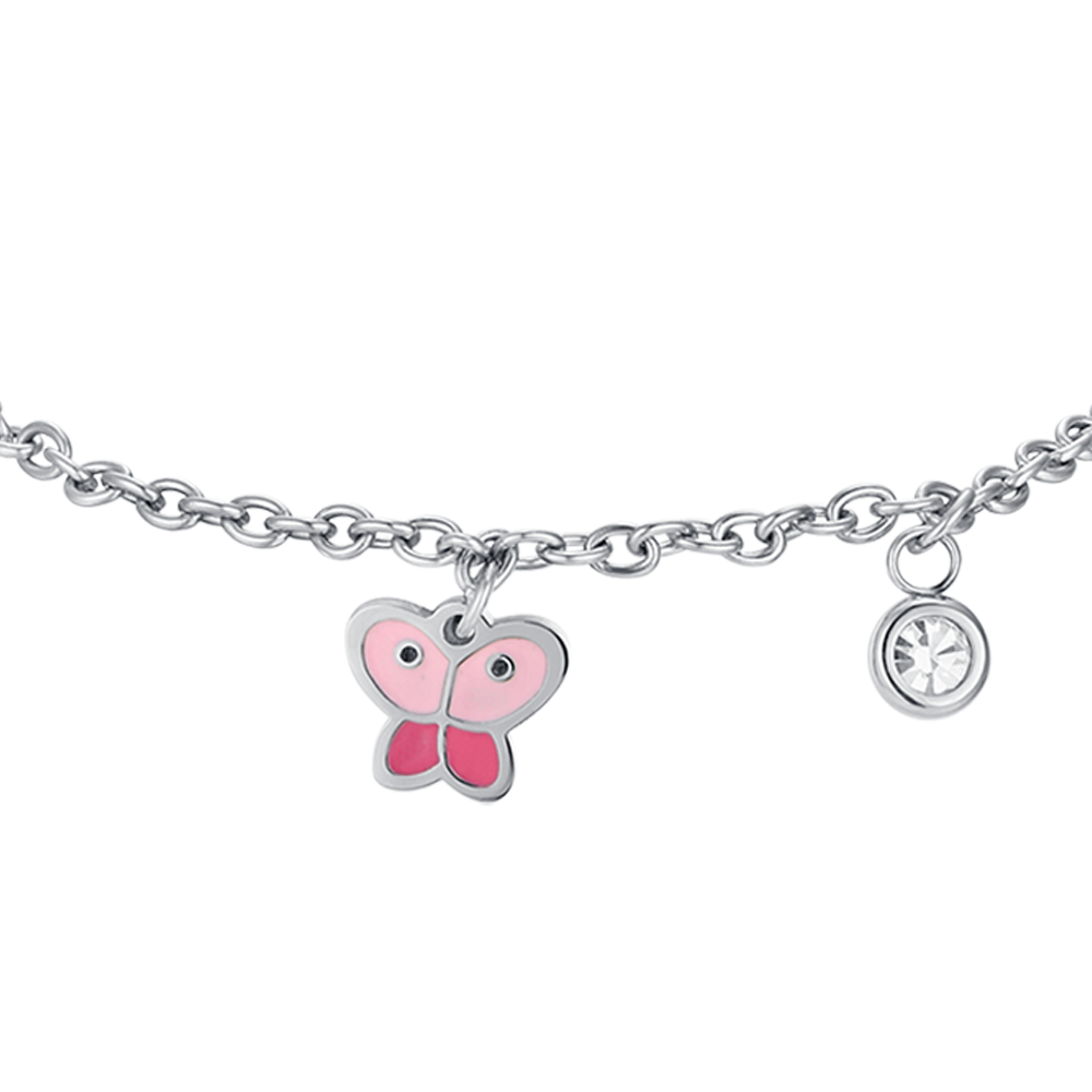 STEEL GIRL BRACELET WITH BUTTERFLY WITH PINK ENAMEL AND WHITE CRYSTAL