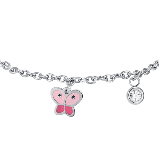 STEEL GIRL BRACELET WITH BUTTERFLY WITH PINK ENAMEL AND WHITE CRYSTAL
