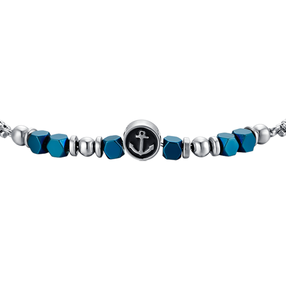 STEEL BABY BRACELET WITH BLUE HEMATITE AND ANCHOR