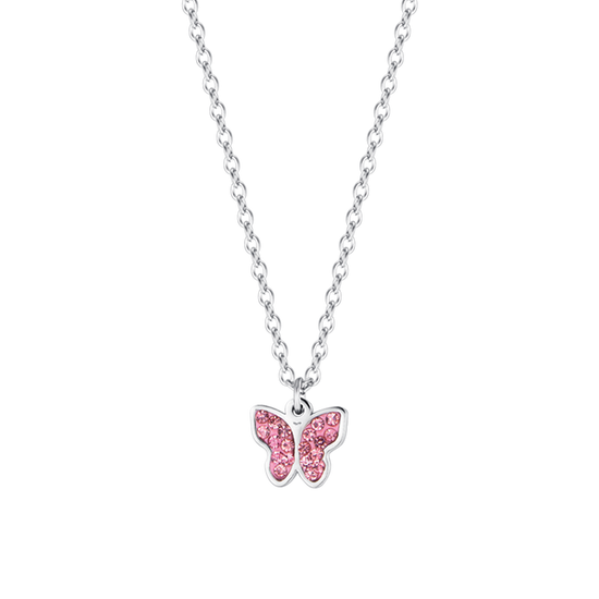 CHILD'S NECKLACE IN STEEL WITH BUTTERFLY AND PINK CRYSTALS Luca Barra