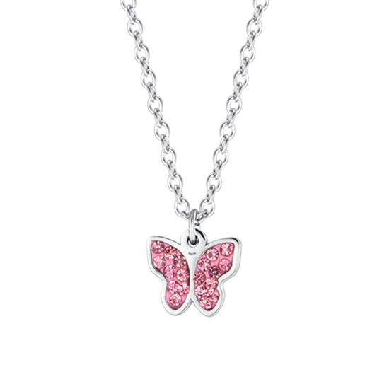 CHILD'S NECKLACE IN STEEL WITH BUTTERFLY AND PINK CRYSTALS Luca Barra