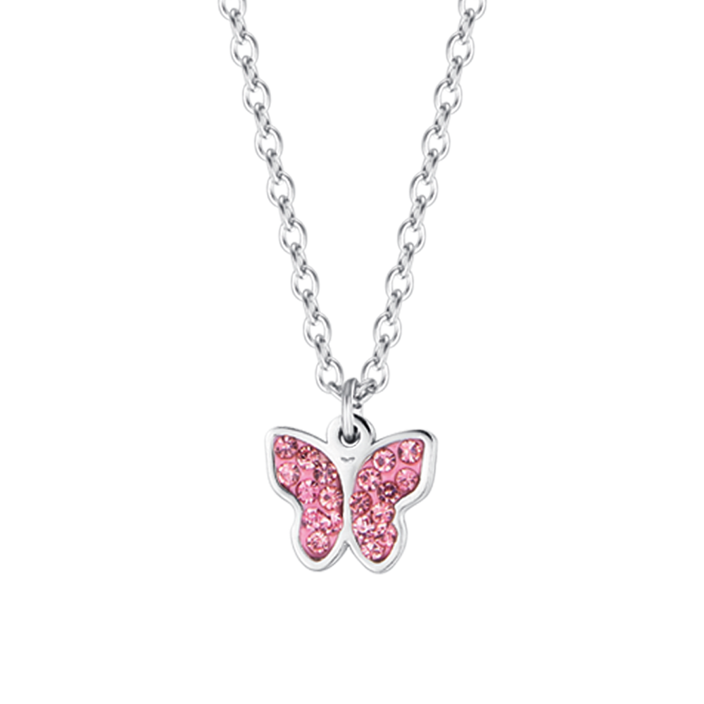 STEEL GIRL NECKLACE WITH BUTTERFLY AND PINK CRYSTALS