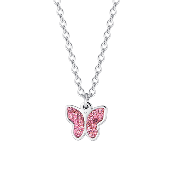 STEEL GIRL NECKLACE WITH BUTTERFLY AND PINK CRYSTALS