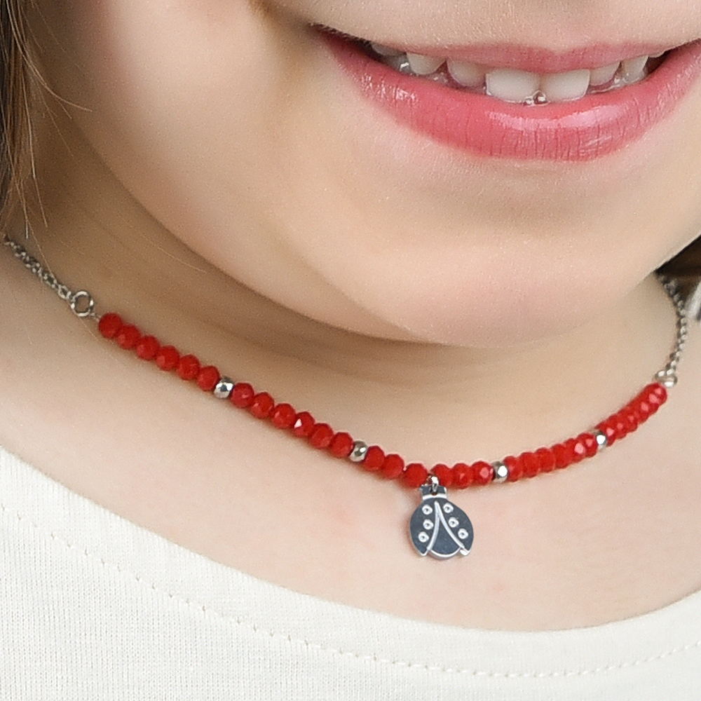 CHILD'S NECKLACE IN STEEL WITH RED STONES AND BUGS Luca Barra