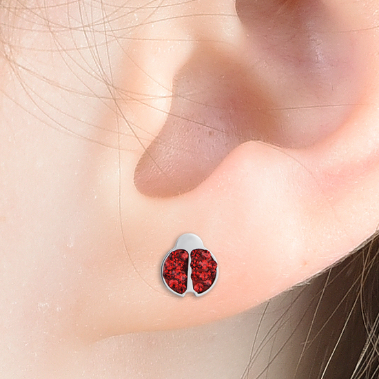 GIRL STEEL EARRINGS WITH LADYBUG AND RED CRYSTALS