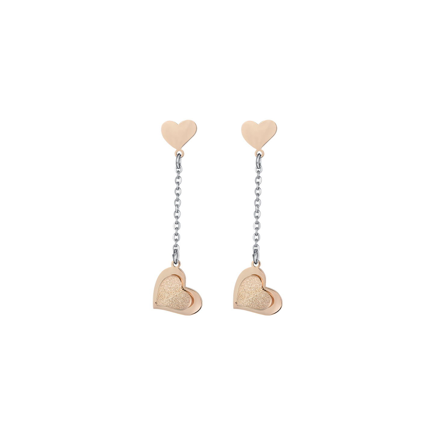 STAINLESS STEEL EARRINGS, IP ROSE HEARTS WITH GLITTER IP ROSE Luca Barra