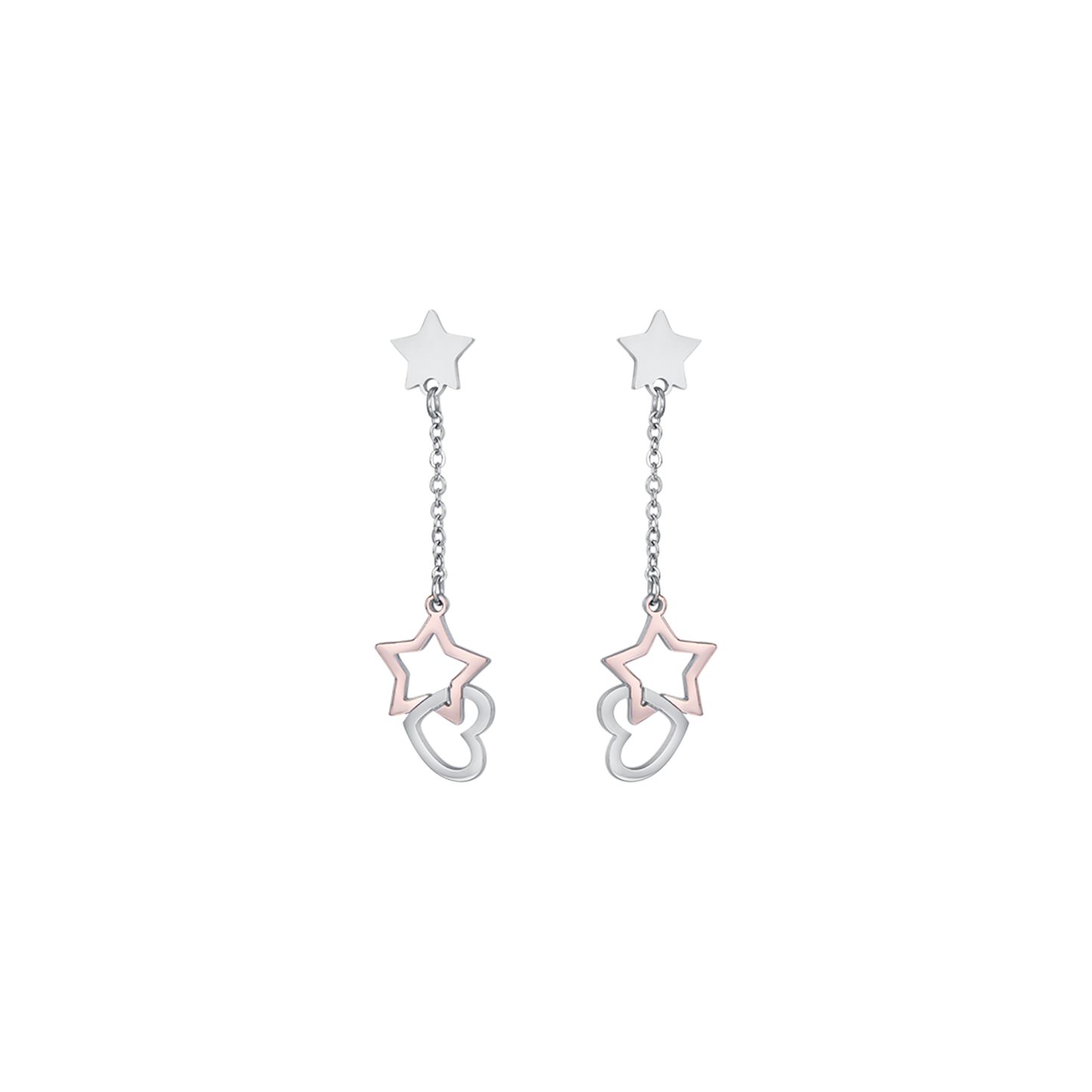 STEEL EARRINGS WITH STEEL HEARTS AND ROSE IP STAR Luca Barra