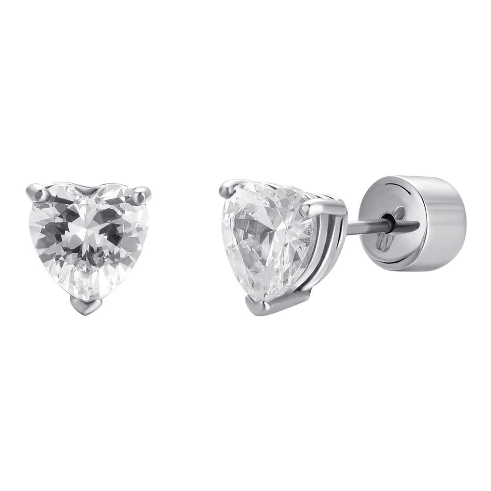 WOMEN'S STEEL EARRINGS WITH WHITE HEART-SHAPED CRYSTALS