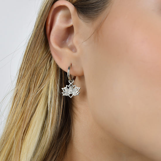 WOMEN'S STEEL LOTUS FLOWER EARRINGS WITH WHITE CRYSTALS