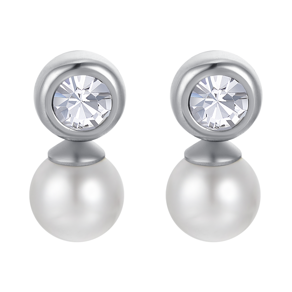 WOMEN'S STEEL EARRINGS WITH PEARLS WITH WHITE CRYSTALS