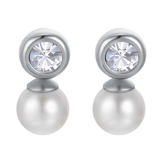 WOMEN'S STEEL EARRINGS WITH PEARLS WITH WHITE CRYSTALS