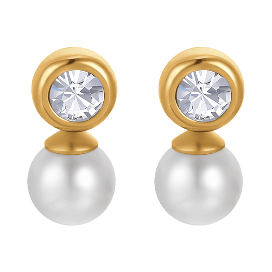 WOMEN'S IP GOLD STEEL EARRINGS WITH PEARLS WITH WHITE CRYSTALS