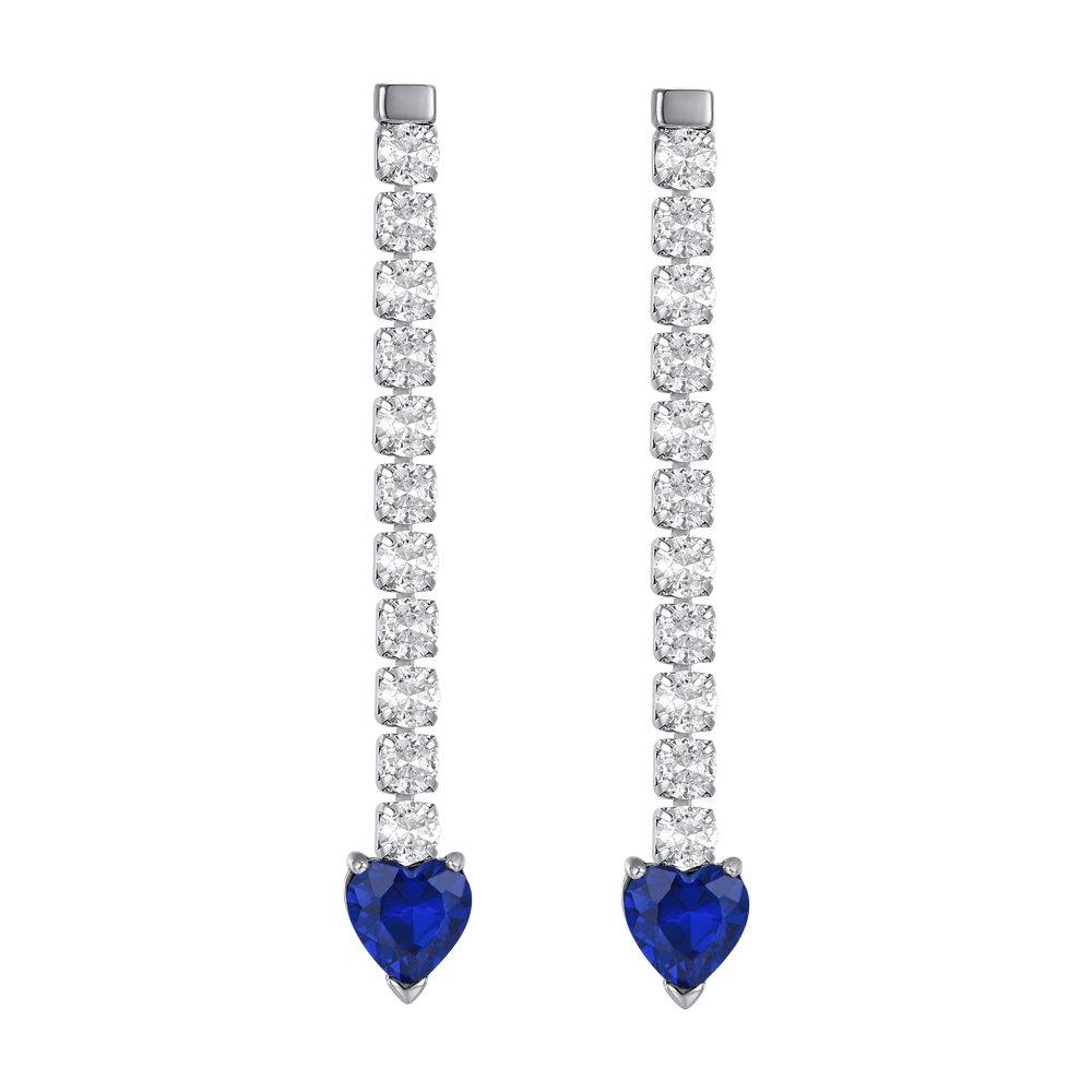 WOMEN'S STEEL TENNIS EARRINGS WITH WHITE CRYSTALS AND BLUE CRYSTAL HEARTS