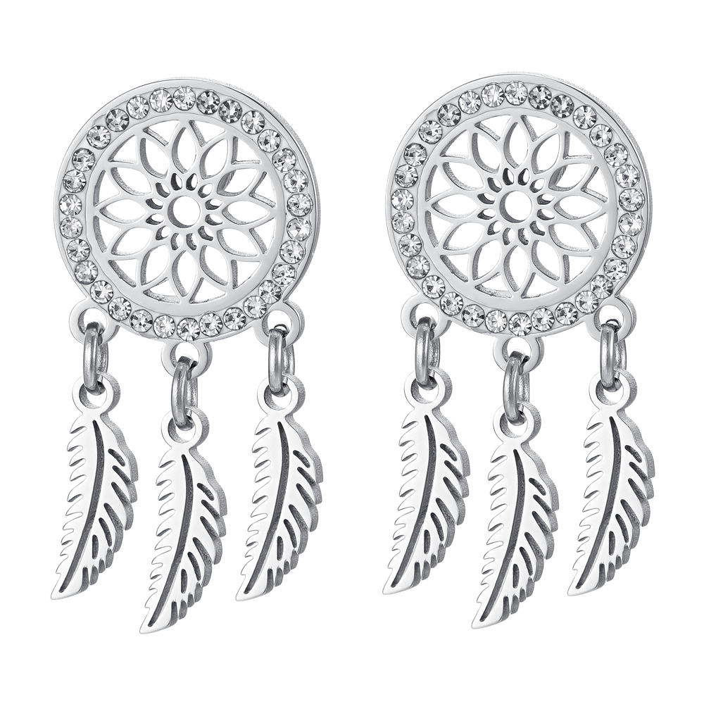 WOMEN'S STEEL DREAM CATCHER EARRINGS WITH WHITE CRYSTALS