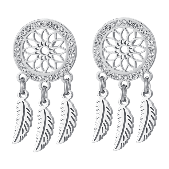 WOMEN'S STEEL DREAM CATCHER EARRINGS WITH WHITE CRYSTALS