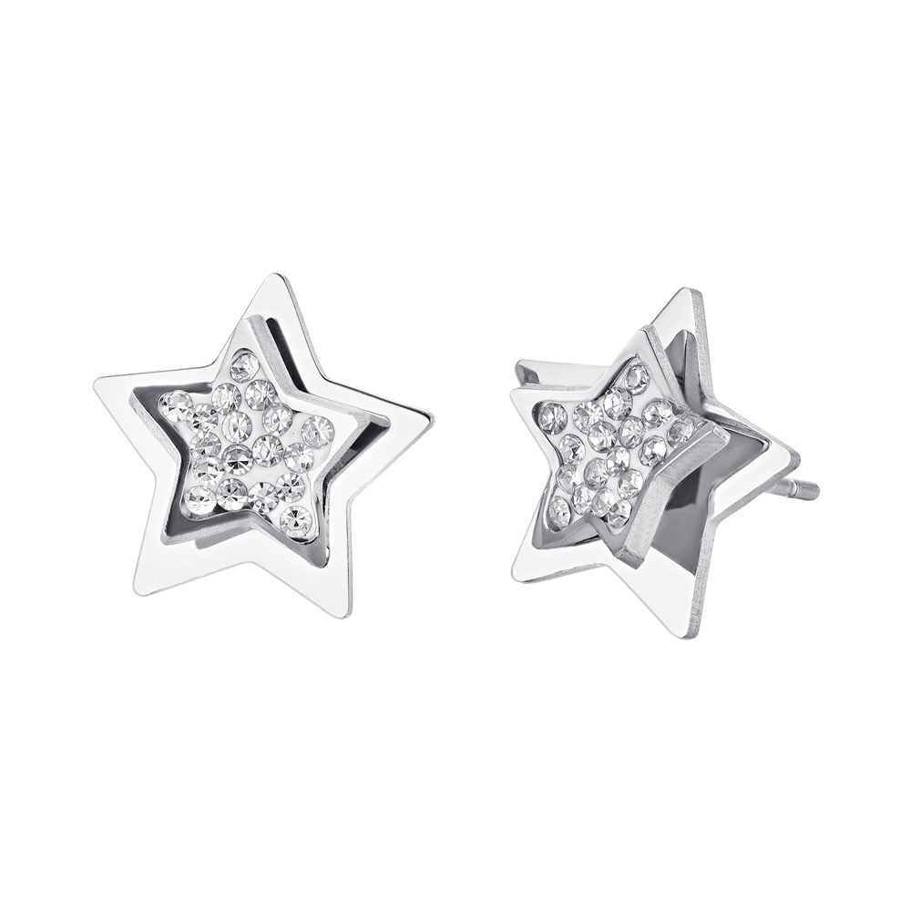 WOMEN'S STEEL STAR EARRINGS WITH WHITE CRYSTALS