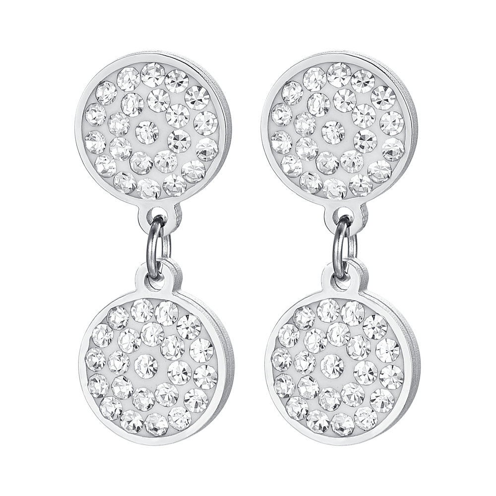 WOMEN'S STEEL EARRINGS ROUND ELEMENTS WITH WHITE CRYSTALS