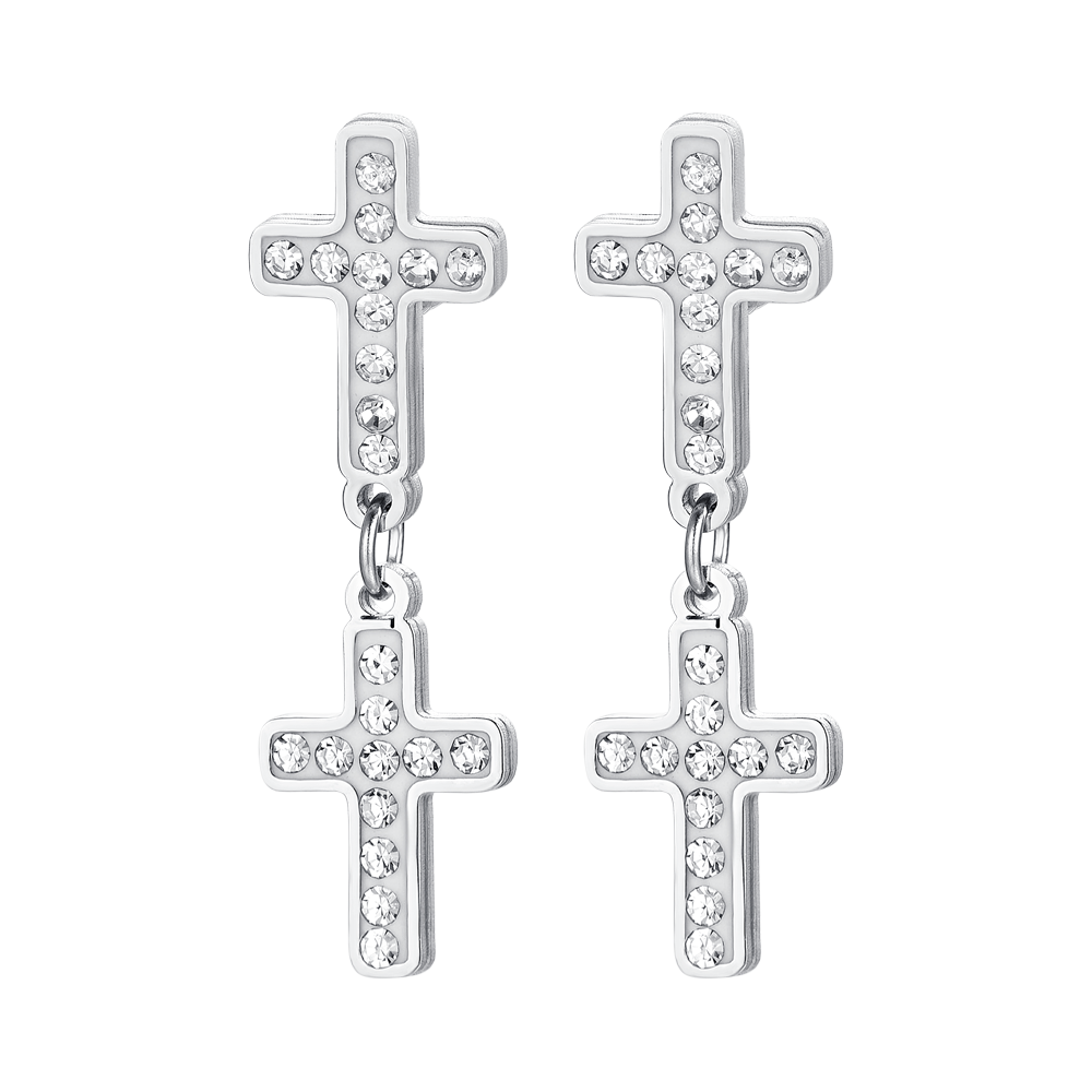 WOMEN'S STEEL CROSSES EARRINGS WITH WHITE CRYSTALS