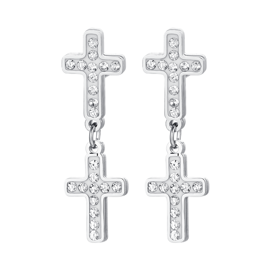 WOMEN'S STEEL CROSSES EARRINGS WITH WHITE CRYSTALS
