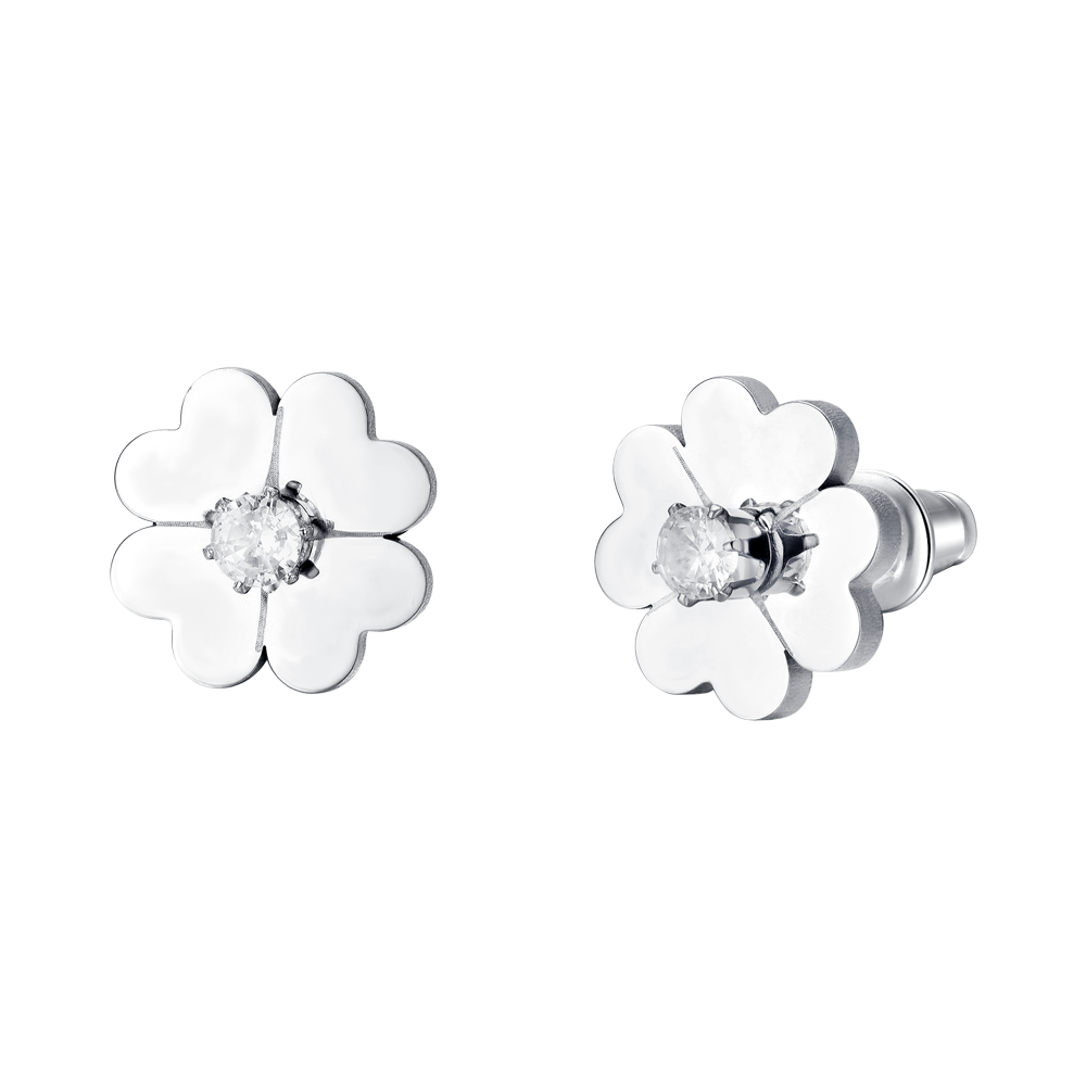 WOMEN'S STEEL FOUR-LEAF CLOVER AND CUBIC ZIRCONIA EARRINGS