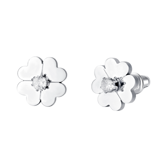 WOMEN'S STEEL FOUR-LEAF CLOVER AND CUBIC ZIRCONIA EARRINGS