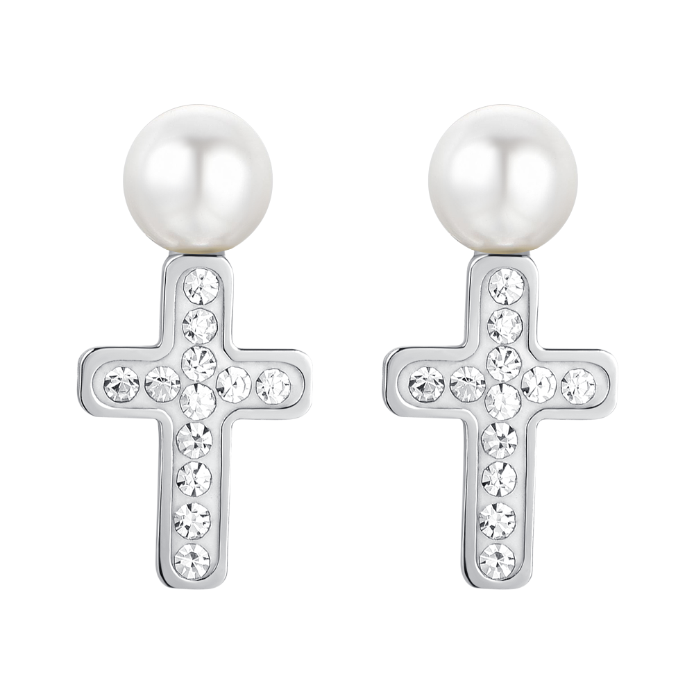 ORECCHINI DONNA IN ACCIAIO PERLA E CROCE