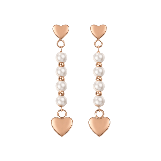ORECCHINI DONNA IN ACCIAIO IP GOLD E PERLE BIANCHE CON CUORE IP ROSE