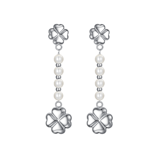ORECCHINI DONNA CON QUADRIFOGLIO IN ACCIAIO E PERLE BIANCHE