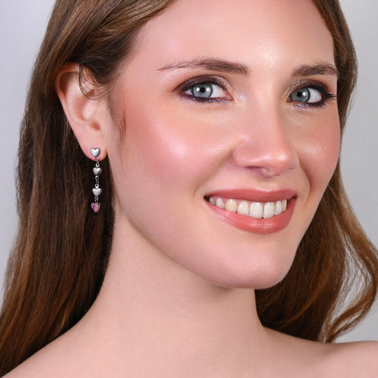 ORECCHINI DONNA IN ACCIAIO CON CUORI E ZIRCONE ROSA