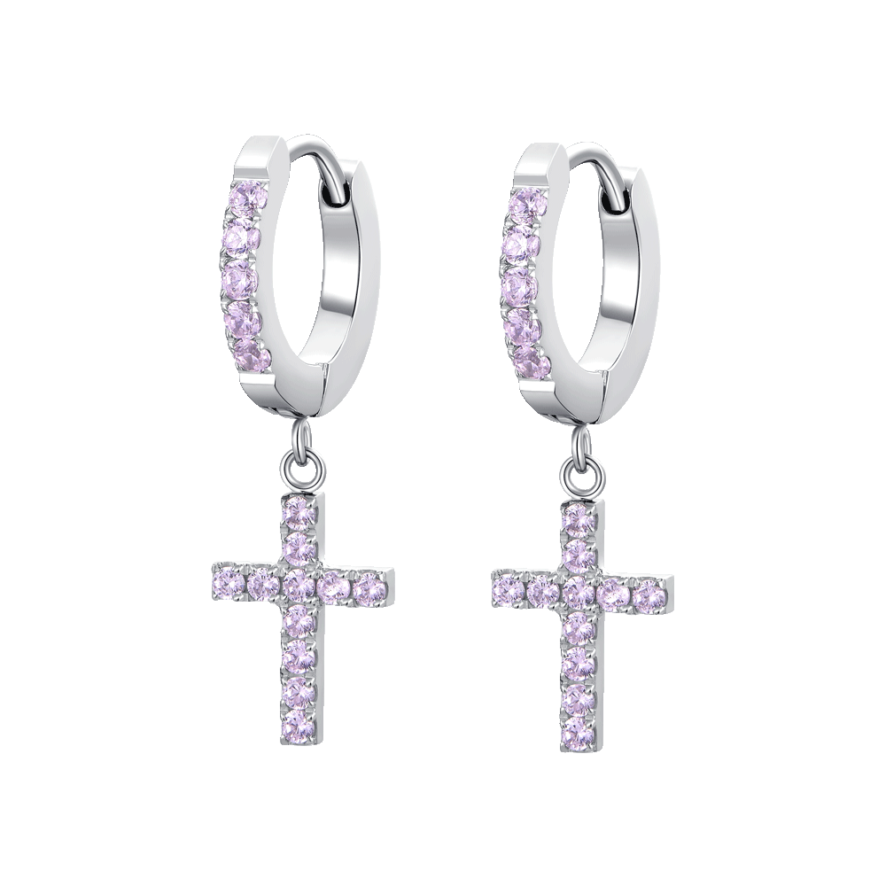 ORECCHINI DONNA CERCHIO IN ACCIAIO CON CROCE E ZIRCONI ROSA