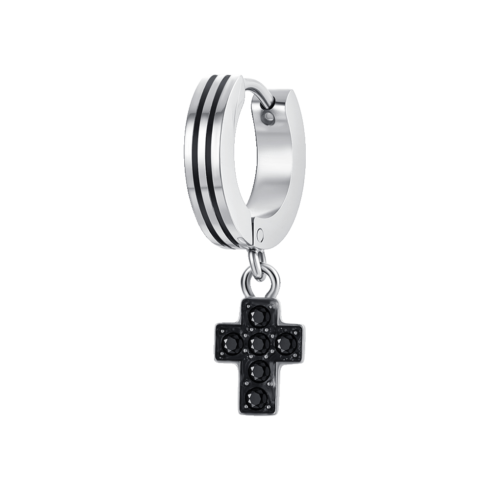 MONO ORECCHINO UOMO IN ACCIAIO CON CROCE IP NERO CON ZIRCONI NERI