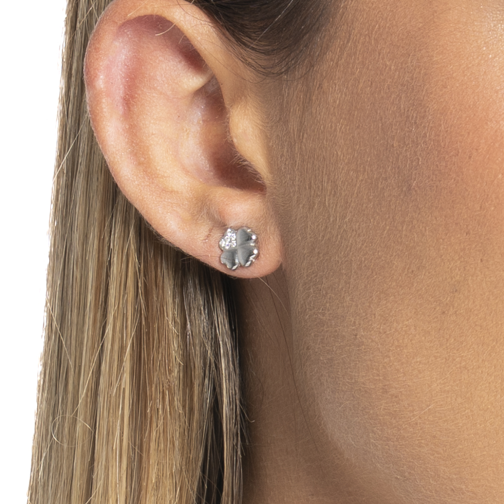 MONO ORECCHINO DONNA IN ACCIAIO CON QUADRIFOGLIO CON PETALO CON PUNTI LUCE ZIRCO